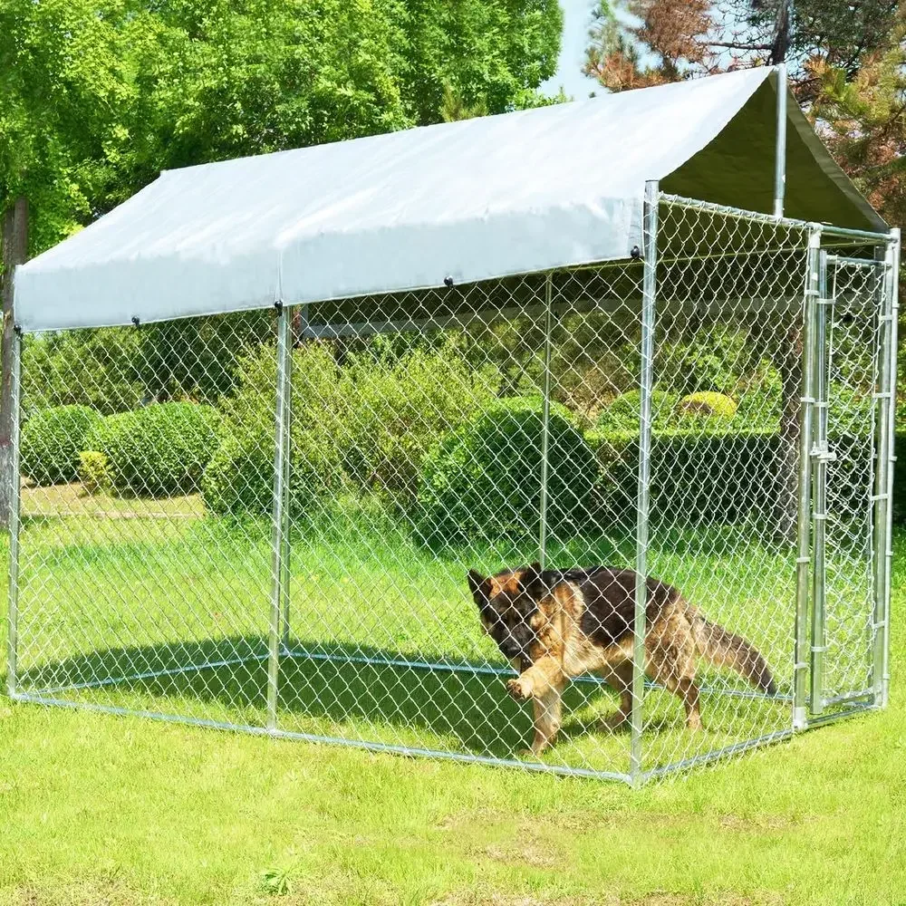 Security Chain Door - 頑丈な10x6x7.7フィートの屋外犬小屋、屋根、安全な扉、チェーンリンクフェンスカバー付き