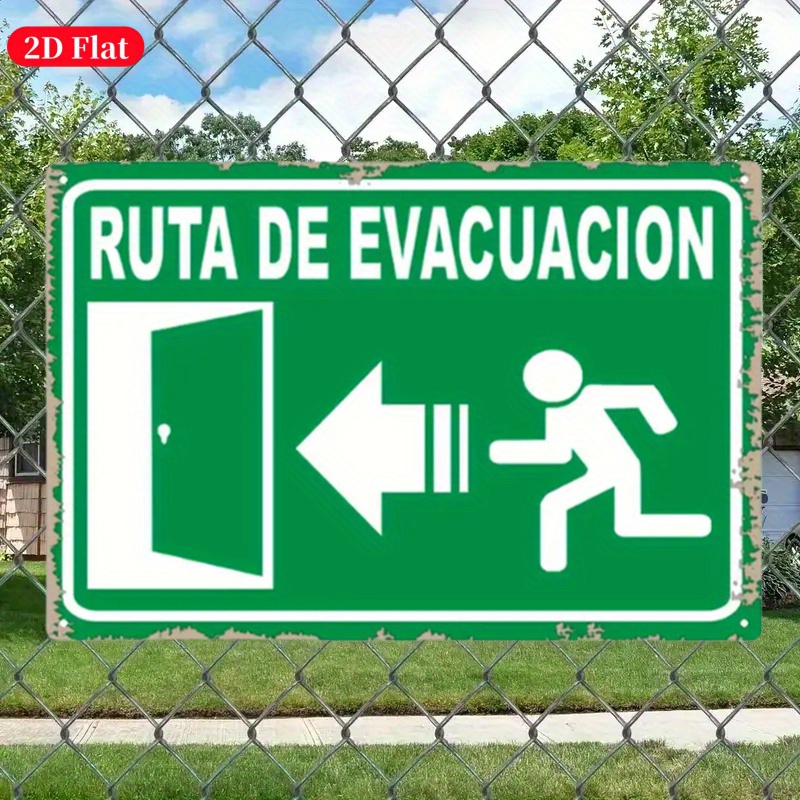 Emergency Exit Sign - （2Dブリキ絵画）ヴィンテージメタル非常口標識 20x30cm、スペイン語・英語バイリンガル避難標識（矢印付き）、壁掛け