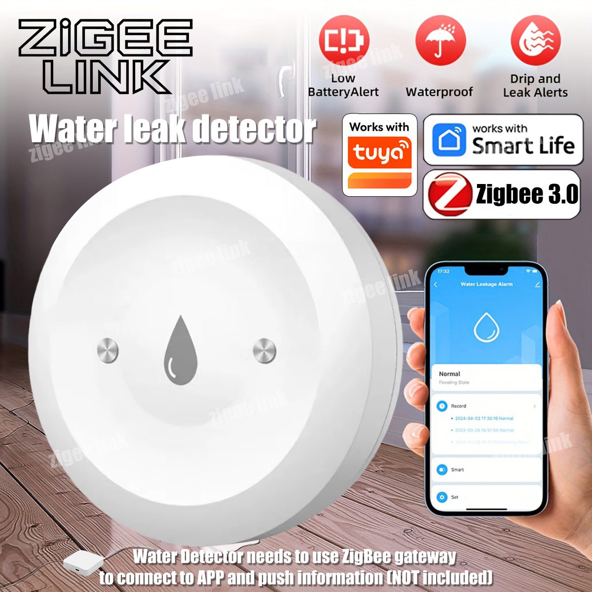 Water Alarm Sensor - ZigBee 3.0 水センサー スマート漏水検知器 洪水漏水検知アラーム Tuya