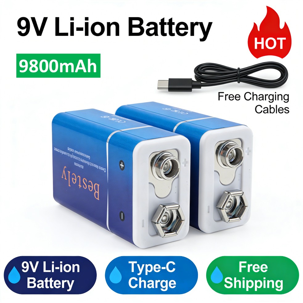Smoke Detector Interconnected - 充電式9Vバッテリー、9800mAh大容量9ボルトリチウムイオン電池、Type-Cケーブルで充電、煙感知器、火災警報器用