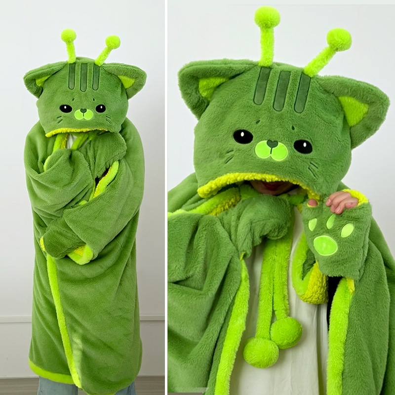 Fire Blanket Kitchen - 漫画風のかわいい宇宙猫のフード付きブランケットぬいぐるみマント、冬用グリーンフランネル着用可能ローブ、手袋付き、自宅オフィスでの昼寝用、女の子へのプレゼント