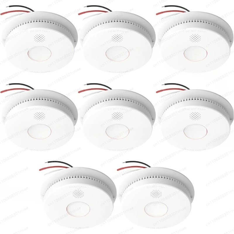 Smoke Detector Interconnected - 高品質-8個パック、ハードワイヤード相互接続型煙感知器、9Vバッテリーバックアップ付き光電式煙警報器、テスト/サイレンスボタン