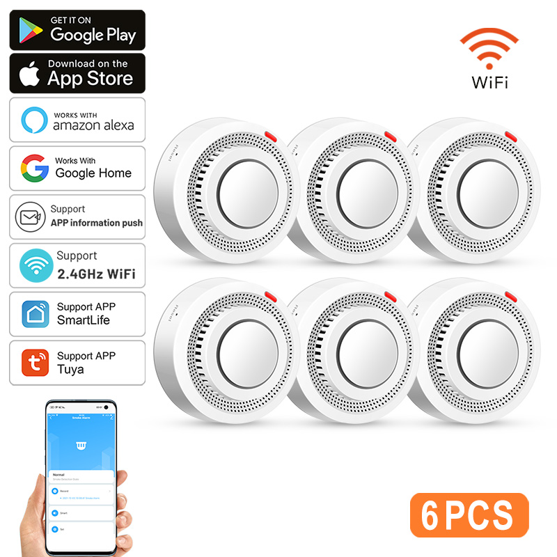 Smoke Detector Interconnected - 6パック Tuya WiFi スマート煙センサー Smartlife APP