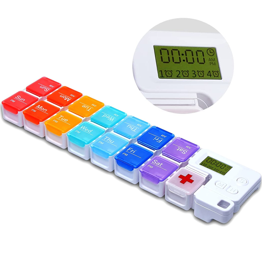 Medicine Cabinet Lock - 7日間のピルオーガナイザー 薬リマインダーアラーム付き ウィークリー大容量ビタミンボックスオーガナイザー AM PM 毎日の旅行用薬ボックス