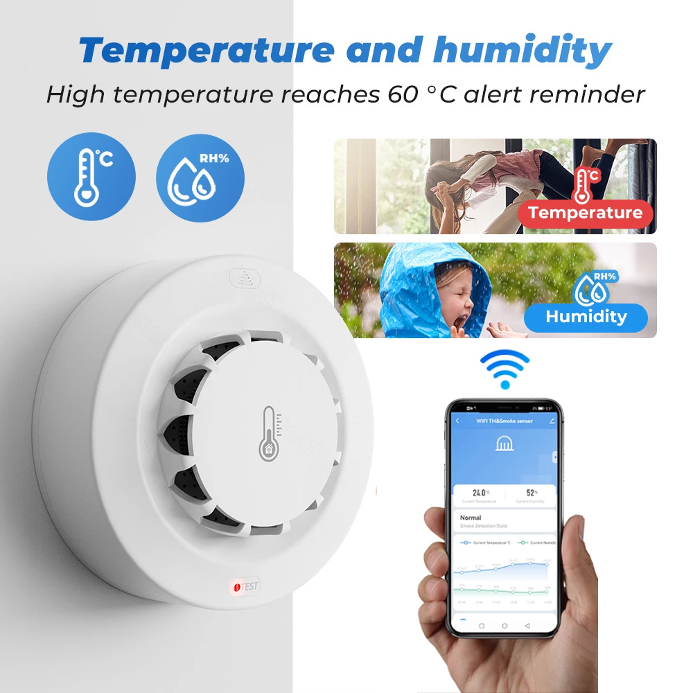 Tuya Wifi BT 2 接続煙探知器温度湿度測定装置  - Smoke Detector Interconnected のレビューと価格