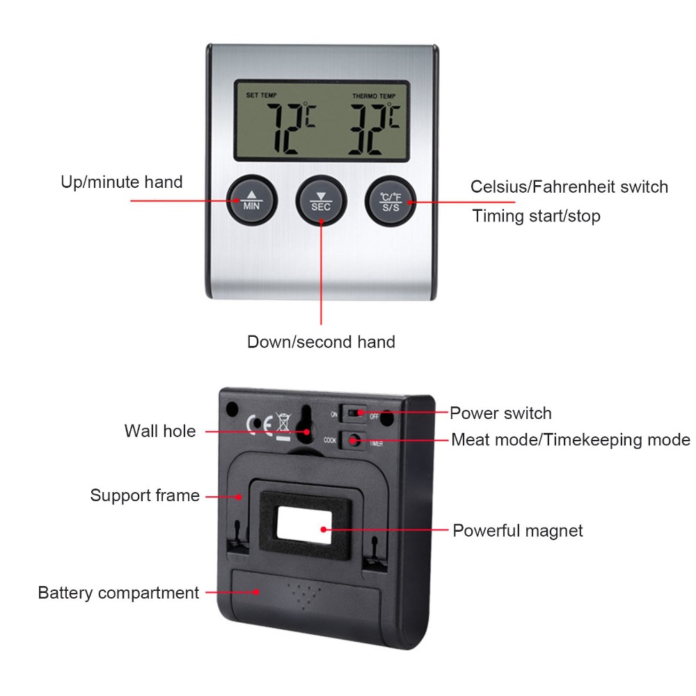 シルバーデジタルBBQ肉用温度計タイマーアラーム大型LCDデ - Pool Alarm Float のレビューと価格